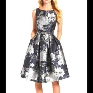 Eliza J belted metallic jacquard fit and flare dress gray silver dress size 4